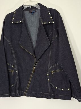 Dark Blue Denim Zip Jacket with Stud Accents, SIZE 1X